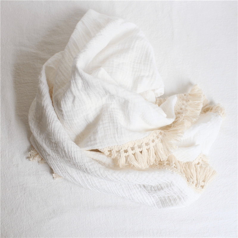 1pc Vintage Fringed Muslin Blanket - Double-Layer Breathable Skin-Friendly Throw Suitable for Bed, Sofa & Bath | - Soft Bedspread, Windbreaker & Towel in Neutral Tone