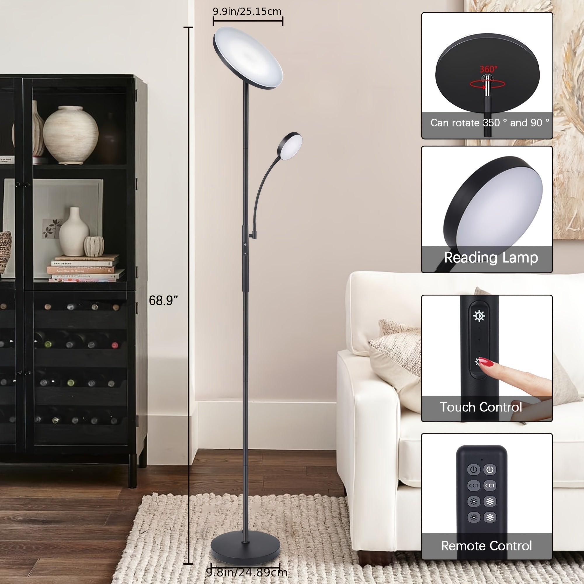 Modern 2-Ways LED Floor Lamp, 27W\u002F2300LM Main & 7W\u002F350LM Reading Light, 4 Color Temperatures, Touch & Remote Control Torchiere Lamp, Metal Base, Plastic Shade, with 110V US Plug, for Bedroom, Reading, Office