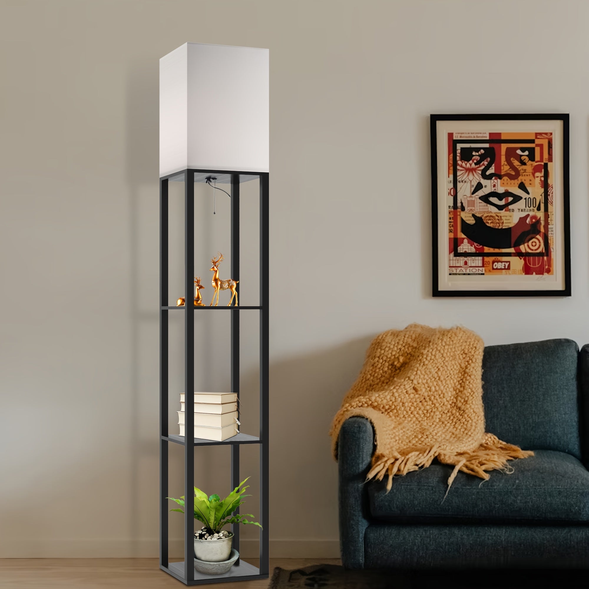 A Floor Lamp with a Stand, Featuring a Modern Design And a 9W LED Bulb, Is a Three-Tiered Storage Display Reading Light Suitable for Bedrooms, Living Rooms, And Narrow Bedside Corners.