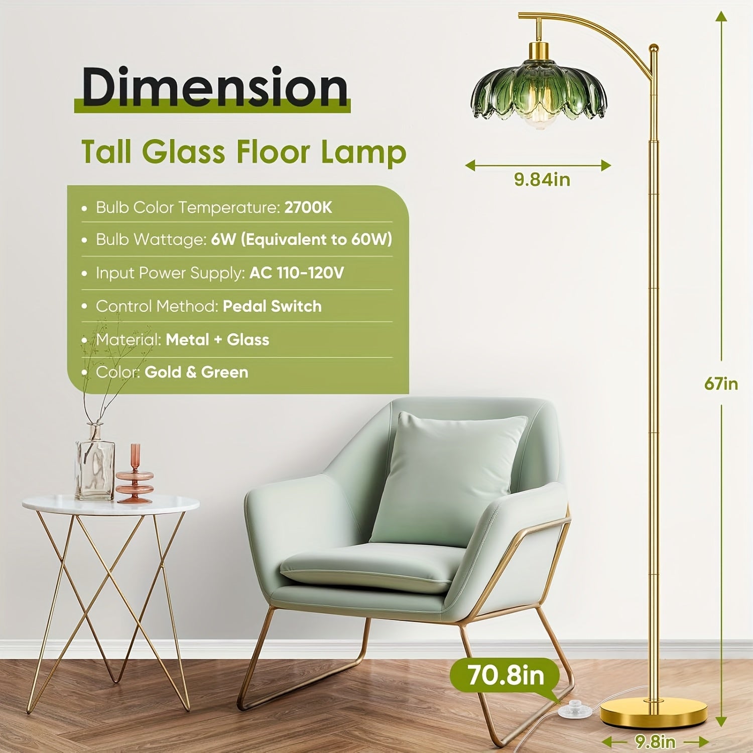 Flower Floor Lamp for Living Room, Bedroom, Golden Mid Century Modern Standing Lamp with Remote Dimmable, Boho Tall Lamp Vintage Retro Green Lamp, Flower Arc Floor Lamps, Without Bulb, for Bedrooms, Office, Christmas
