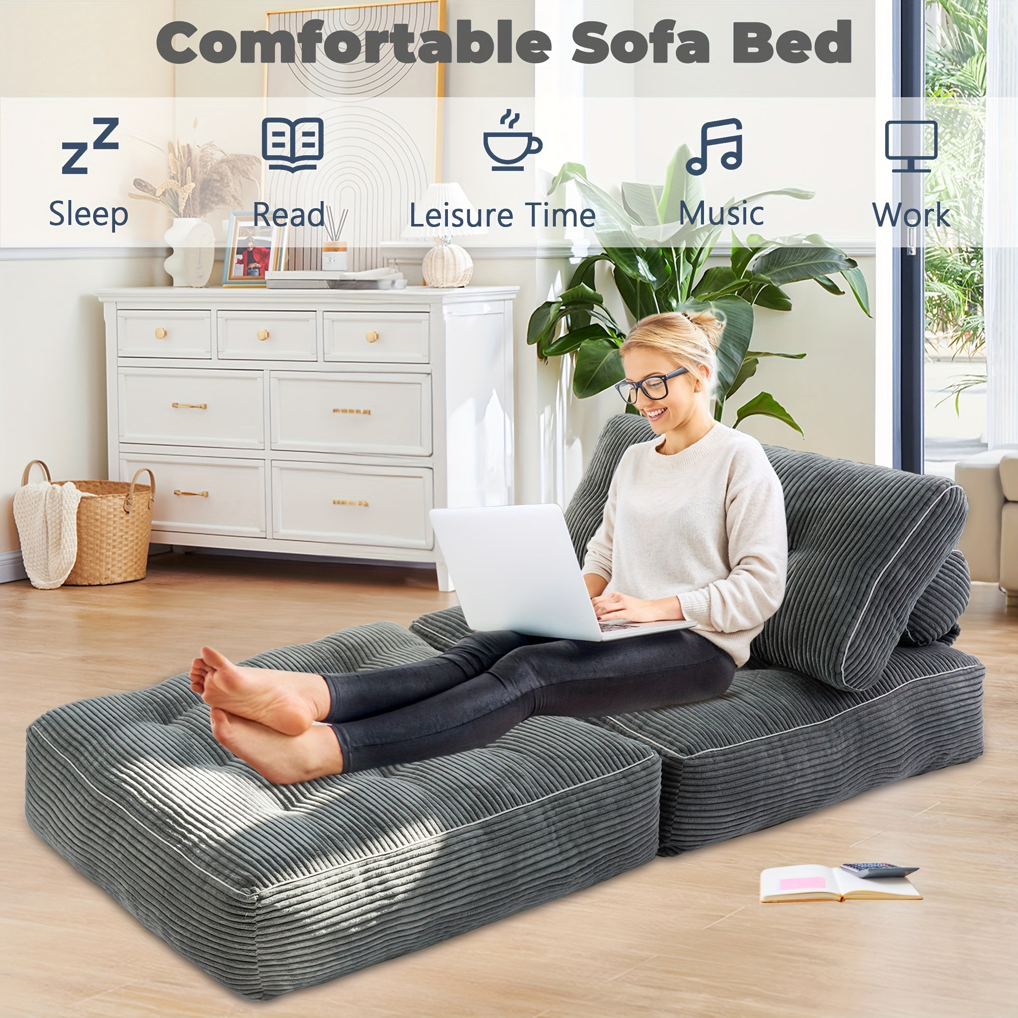 Portable Folding Sofa Bed Convertible to Bed - Modern Sleeper Chair Suitable for Adults, Space-Saving Foam-Filled Couch with Pillow, Single Size Floor Mattress, Ideal for Small Spaces, Dorms, Travel & Emergencies (No Assembly)