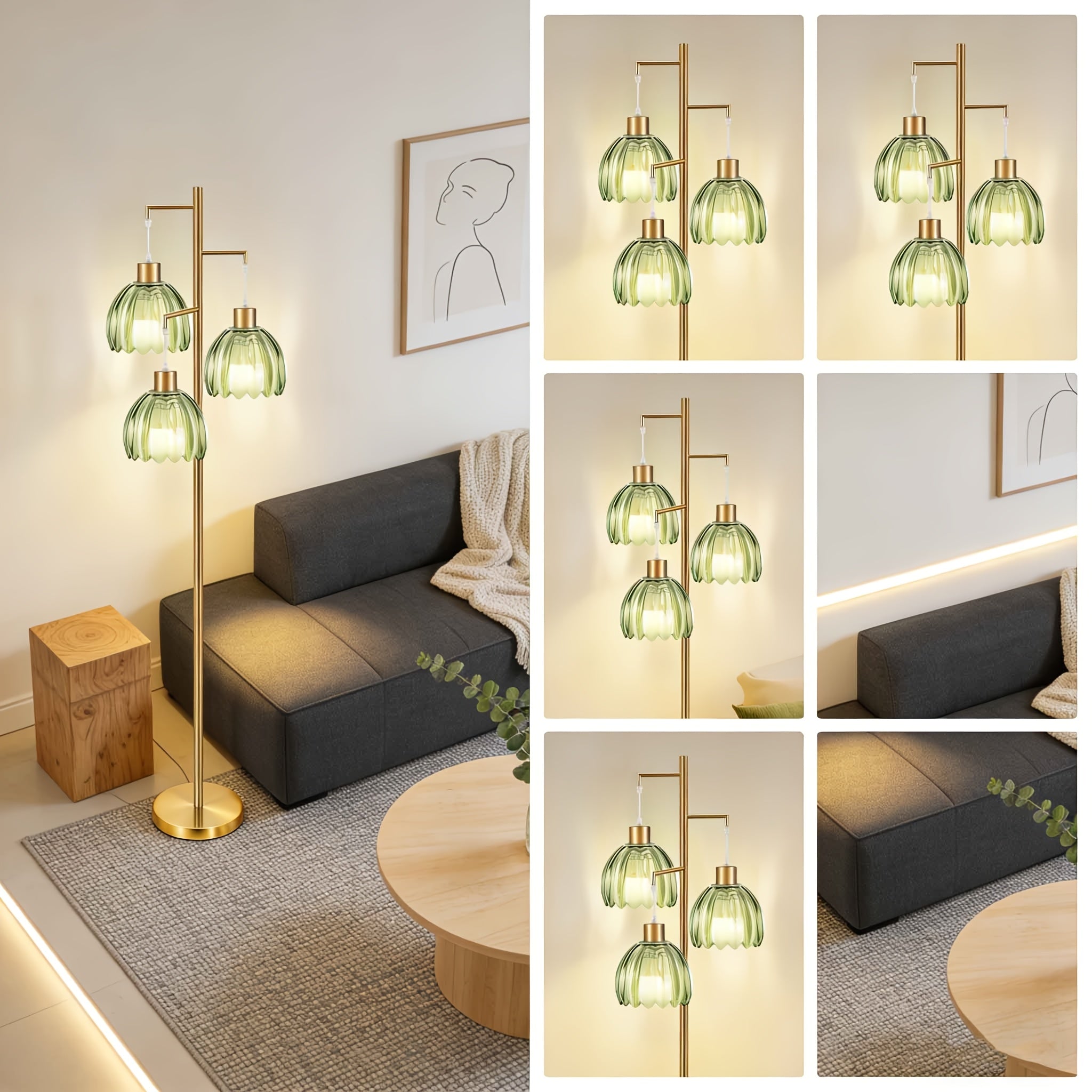 Flower Floor Lamp for Living Room, Bedroom, Golden Mid Century Modern Standing Lamp with Remote Dimmable, Boho Tall Lamp Vintage Retro Green Lamp, Flower Arc Floor Lamps, Without Bulb, for Bedrooms, Office, Christmas