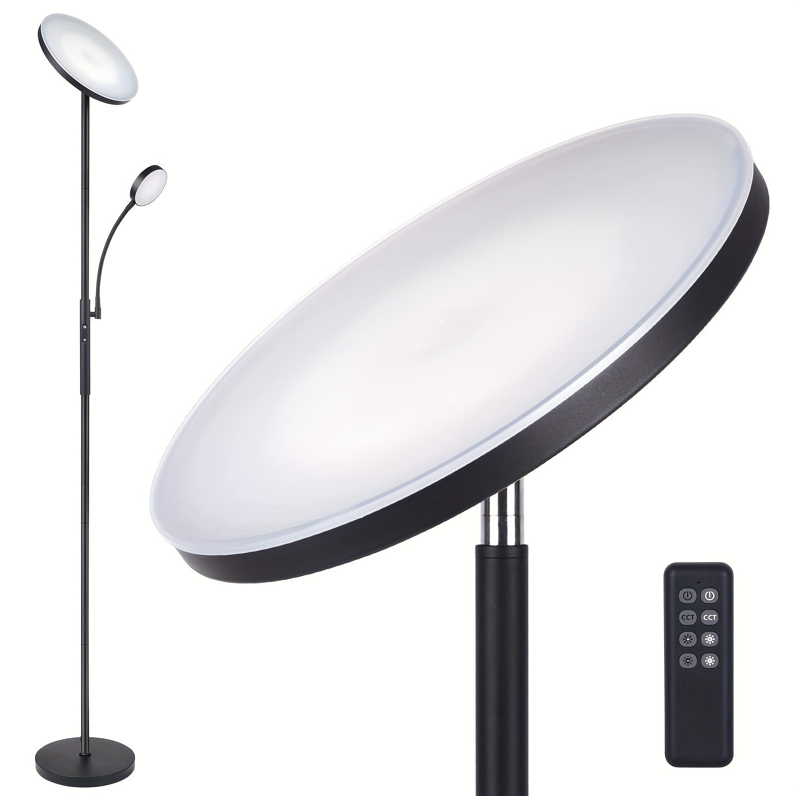 Modern 2-Ways LED Floor Lamp, 27W\u002F2300LM Main & 7W\u002F350LM Reading Light, 4 Color Temperatures, Touch & Remote Control Torchiere Lamp, Metal Base, Plastic Shade, with 110V US Plug, for Bedroom, Reading, Office