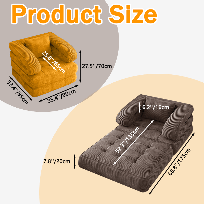 Black Fridays Items, Local Warehouse, Folding Sofa Bed, 1-Person Chair Bed with Backrest and Pillow, Space-Saving Single Bed for Living Room, Bedroom, Apartment, Gray and Orange, Bean Bag Chair, Living Room Furniture, Boneless Couch for Living Room,