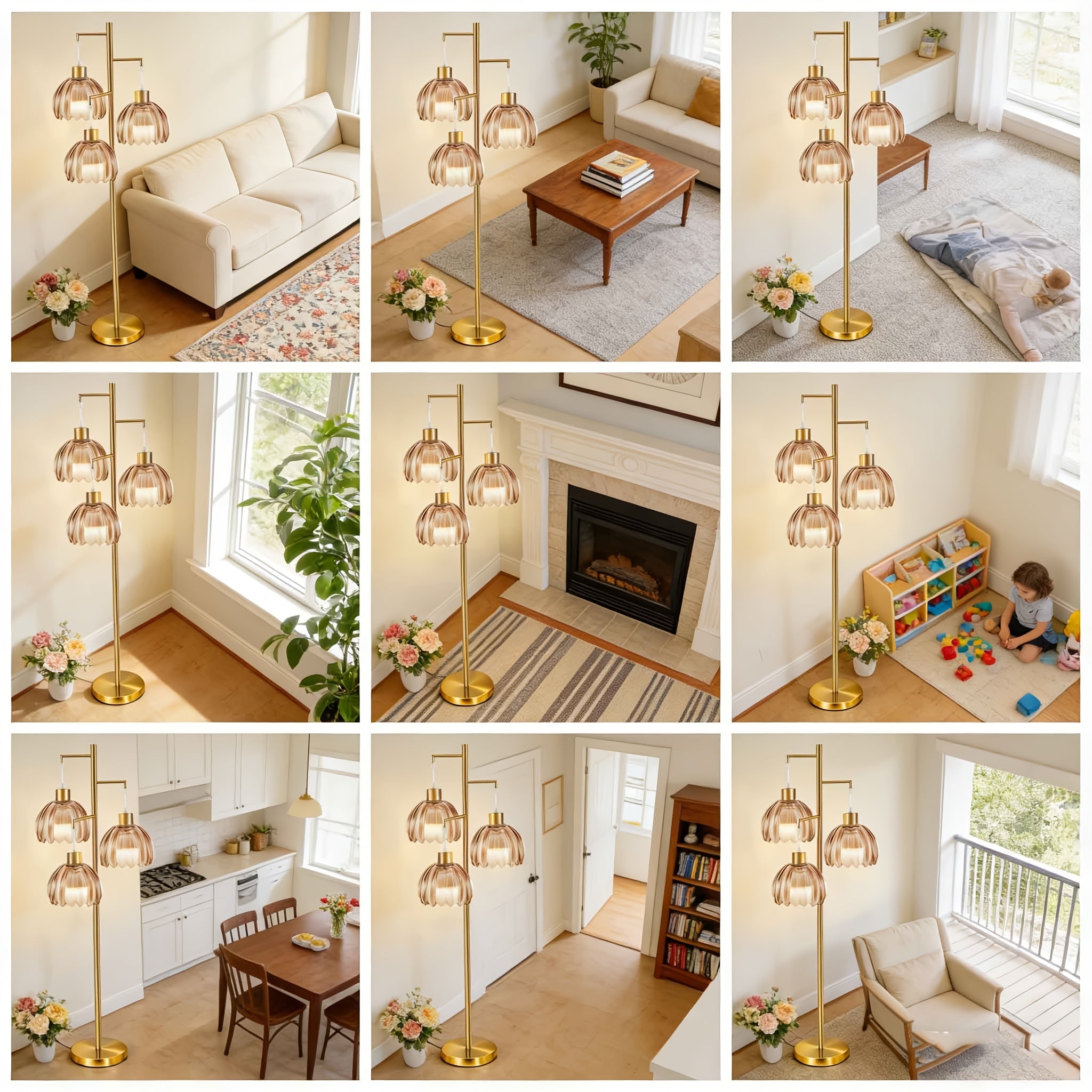 Flower Floor Lamp for Living Room, Bedroom, Golden Mid Century Modern Standing Lamp with Remote Dimmable, Boho Tall Lamp Vintage Retro Green Lamp, Flower Arc Floor Lamps, Without Bulb, for Bedrooms, Office, Christmas