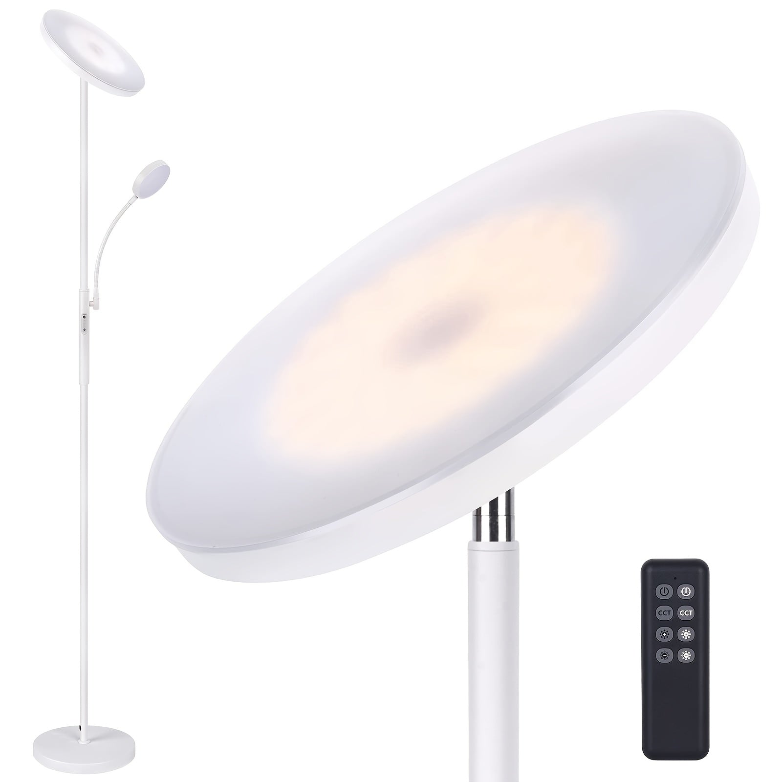 Modern 2-Ways LED Floor Lamp, 27W\u002F2300LM Main & 7W\u002F350LM Reading Light, 4 Color Temperatures, Touch & Remote Control Torchiere Lamp, Metal Base, Plastic Shade, with 110V US Plug, for Bedroom, Reading, Office