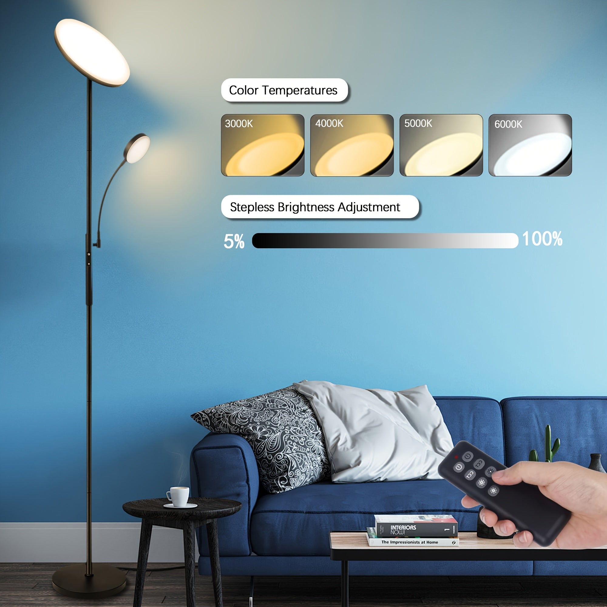 Modern 2-Ways LED Floor Lamp, 27W\u002F2300LM Main & 7W\u002F350LM Reading Light, 4 Color Temperatures, Touch & Remote Control Torchiere Lamp, Metal Base, Plastic Shade, with 110V US Plug, for Bedroom, Reading, Office