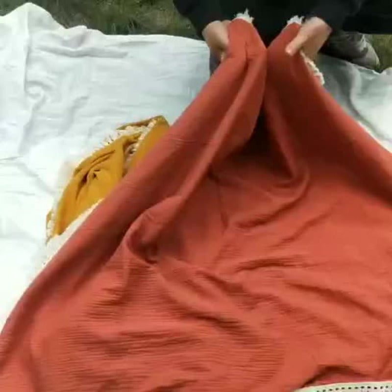 1pc Vintage Fringed Muslin Blanket - Double-Layer Breathable Skin-Friendly Throw Suitable for Bed, Sofa & Bath | - Soft Bedspread, Windbreaker & Towel in Neutral Tone