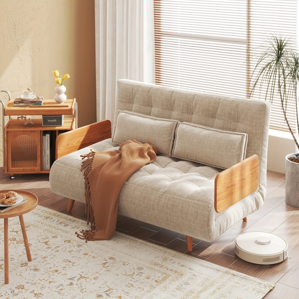 1 Modern And Linen Convertible Sofa Bed With 5 Adjustable Backs, Adjustable Height Pillows - Living Room Recliner, Single Or Double Use, Living Room Furniture Sofa | Neutral Home Decor | Wood Frame Sofa