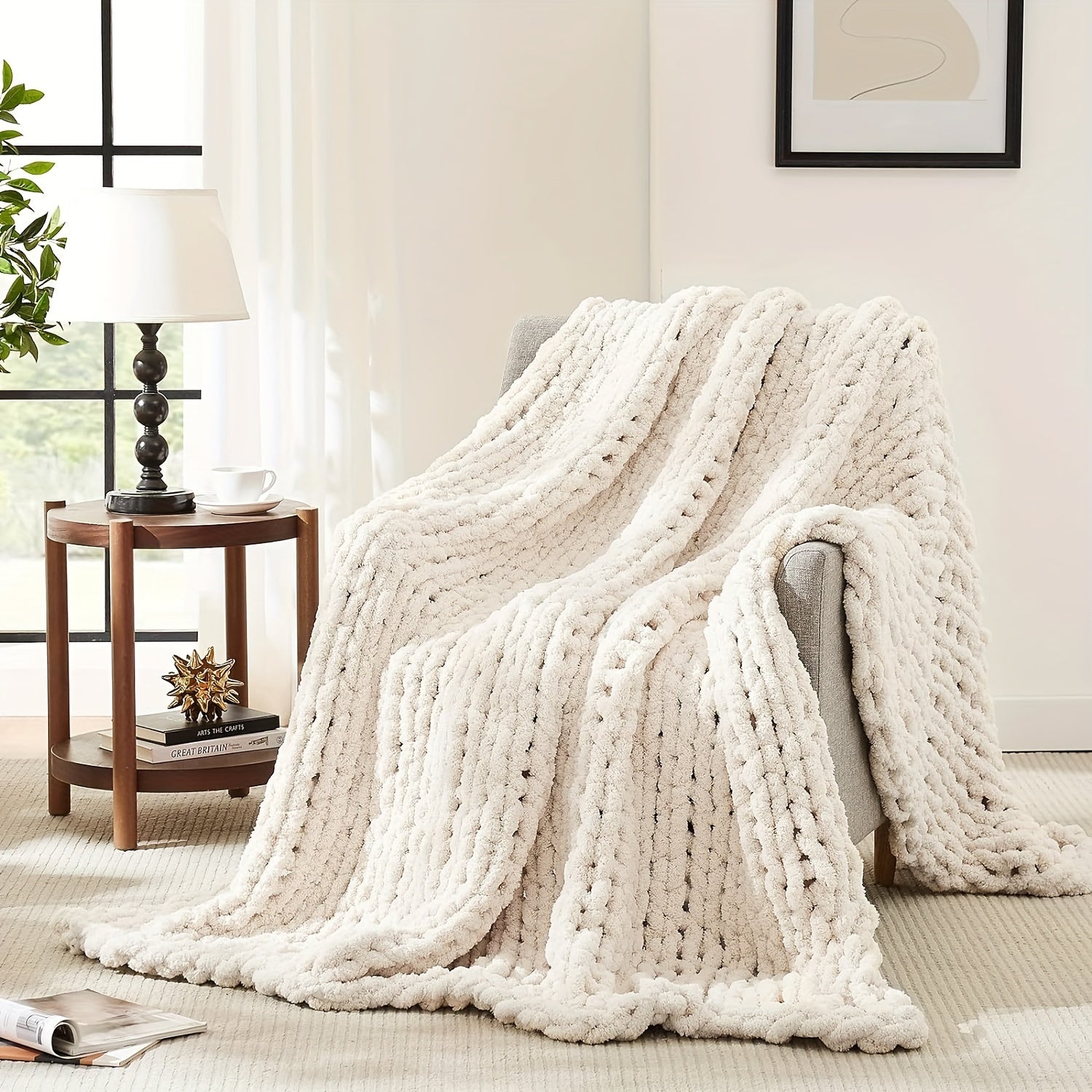 Thickly Throw Blanket, Entirely Hand-Crafted from Chenille, Perfect for Your Sofa And Home Decoration, Featuring a Handmade Cable Design