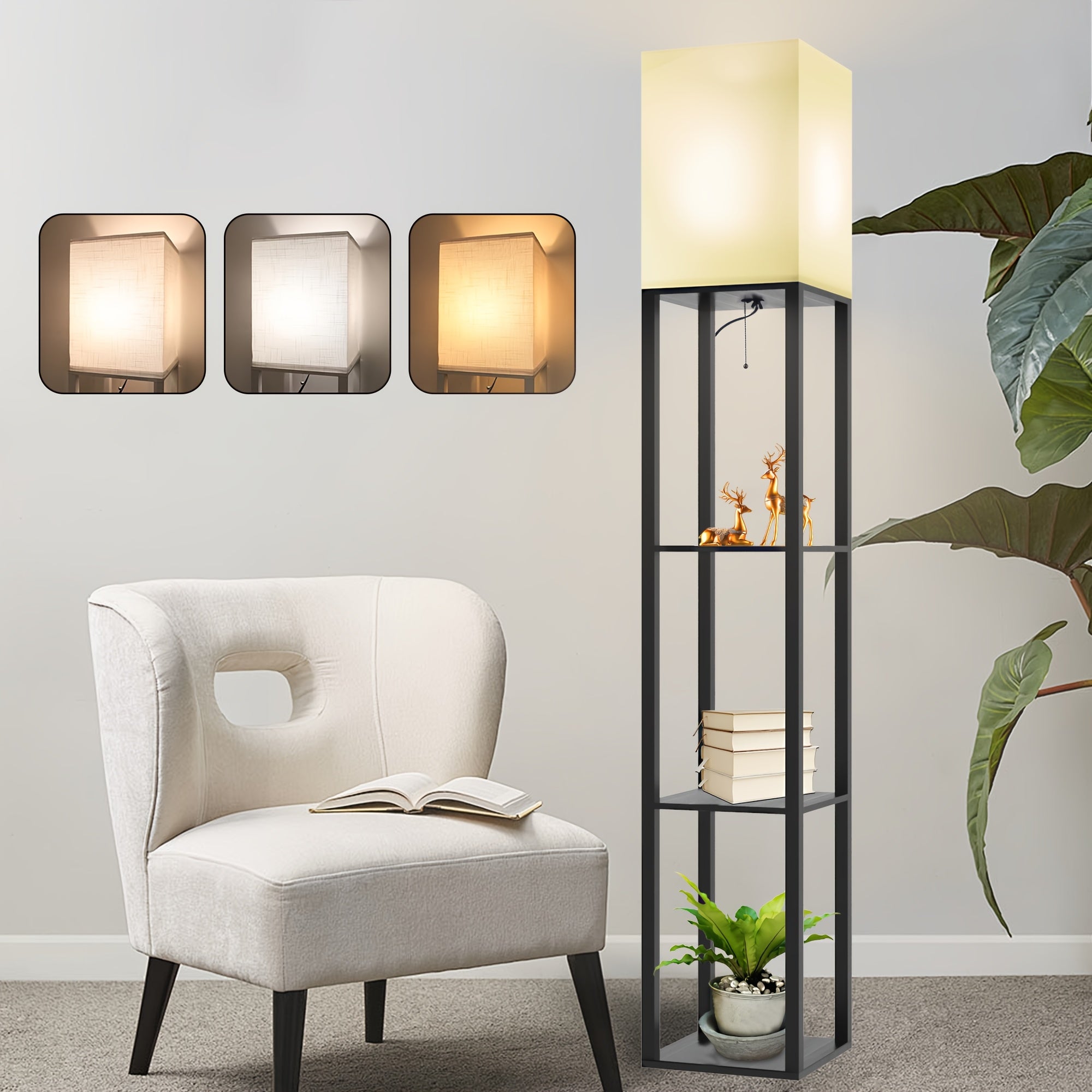 A Floor Lamp with a Stand, Featuring a Modern Design And a 9W LED Bulb, Is a Three-Tiered Storage Display Reading Light Suitable for Bedrooms, Living Rooms, And Narrow Bedside Corners.