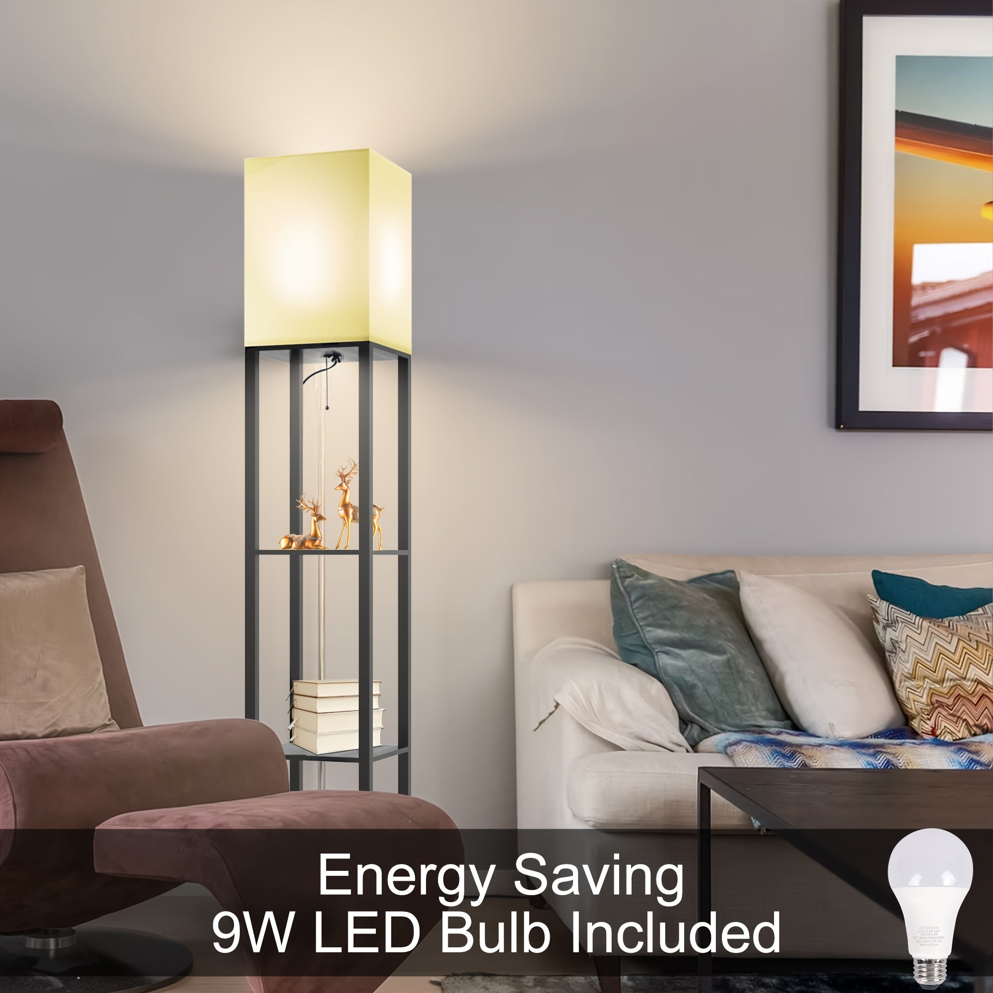 A Floor Lamp with a Stand, Featuring a Modern Design And a 9W LED Bulb, Is a Three-Tiered Storage Display Reading Light Suitable for Bedrooms, Living Rooms, And Narrow Bedside Corners.