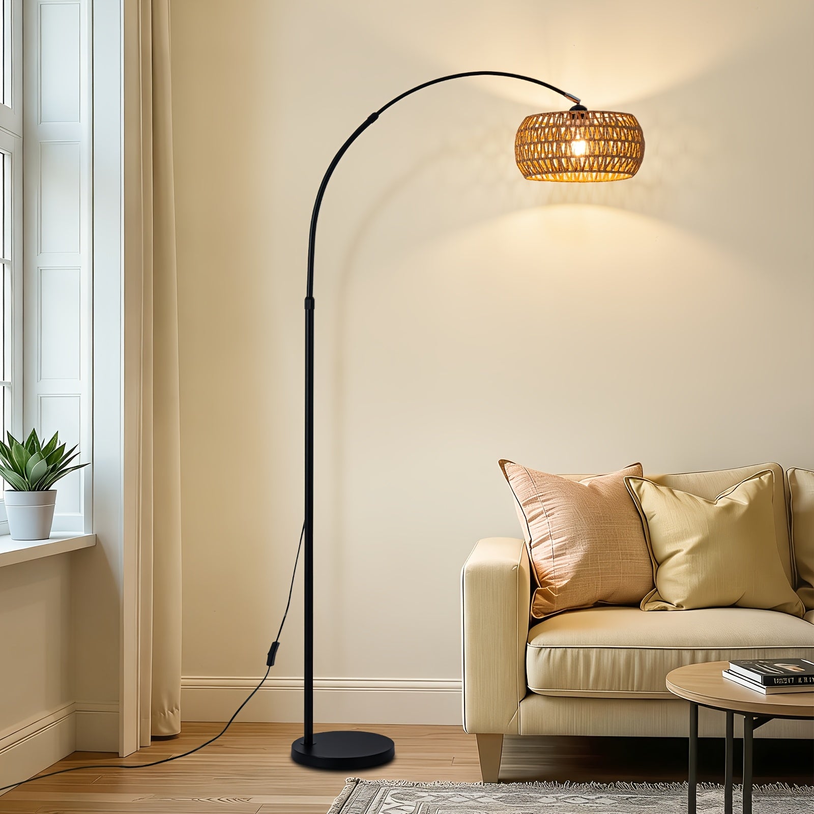 Modern Arc Rattan Shade Floor Lamp, E26 Base Rotatable Head Reading Floor Lamp, Height Adjustable Black Standing Floor Lamps, Button Switch Corner Floor Lamp For Bedrooms, Living Room, Office (Bulb Not Included)