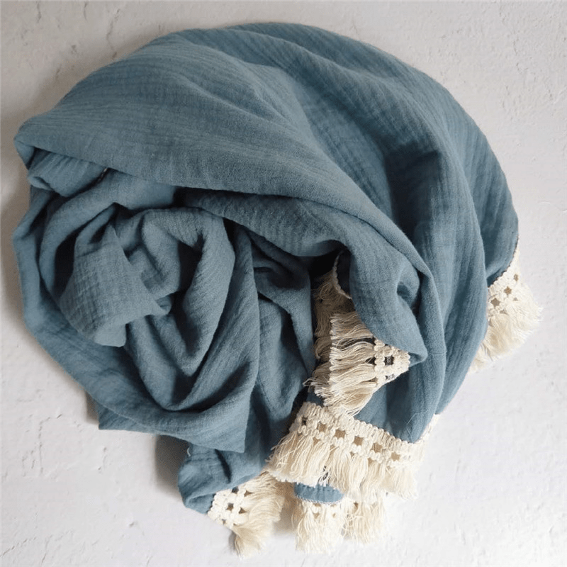 1pc Vintage Fringed Muslin Blanket - Double-Layer Breathable Skin-Friendly Throw Suitable for Bed, Sofa & Bath | - Soft Bedspread, Windbreaker & Towel in Neutral Tone