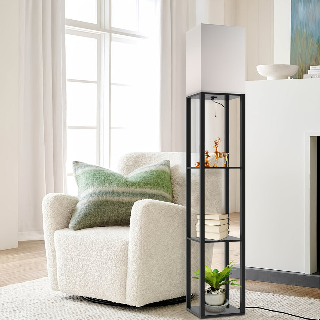 A Floor Lamp with a Stand, Featuring a Modern Design And a 9W LED Bulb, Is a Three-Tiered Storage Display Reading Light Suitable for Bedrooms, Living Rooms, And Narrow Bedside Corners.