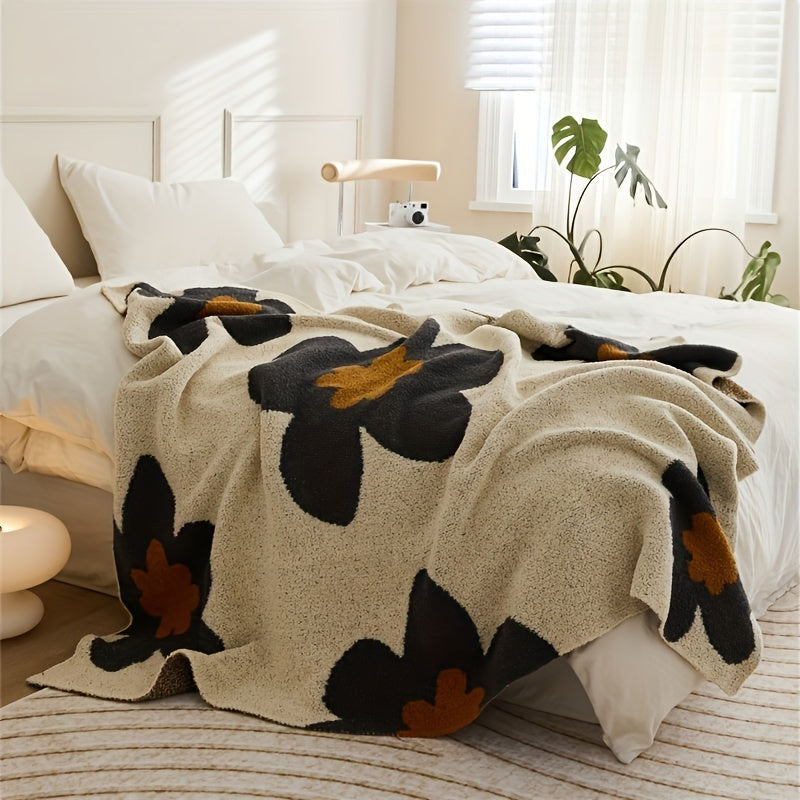 1pc Nordic Retro Beige & Brown Geometric Sunflower Flannel Blanket - All-Season Soft Lightweight Throw, White Bedspread, Sofa Cover, Bedspread & Air Conditioning Wrap, Machine Washable 280gsm Cozy Bedding Accent