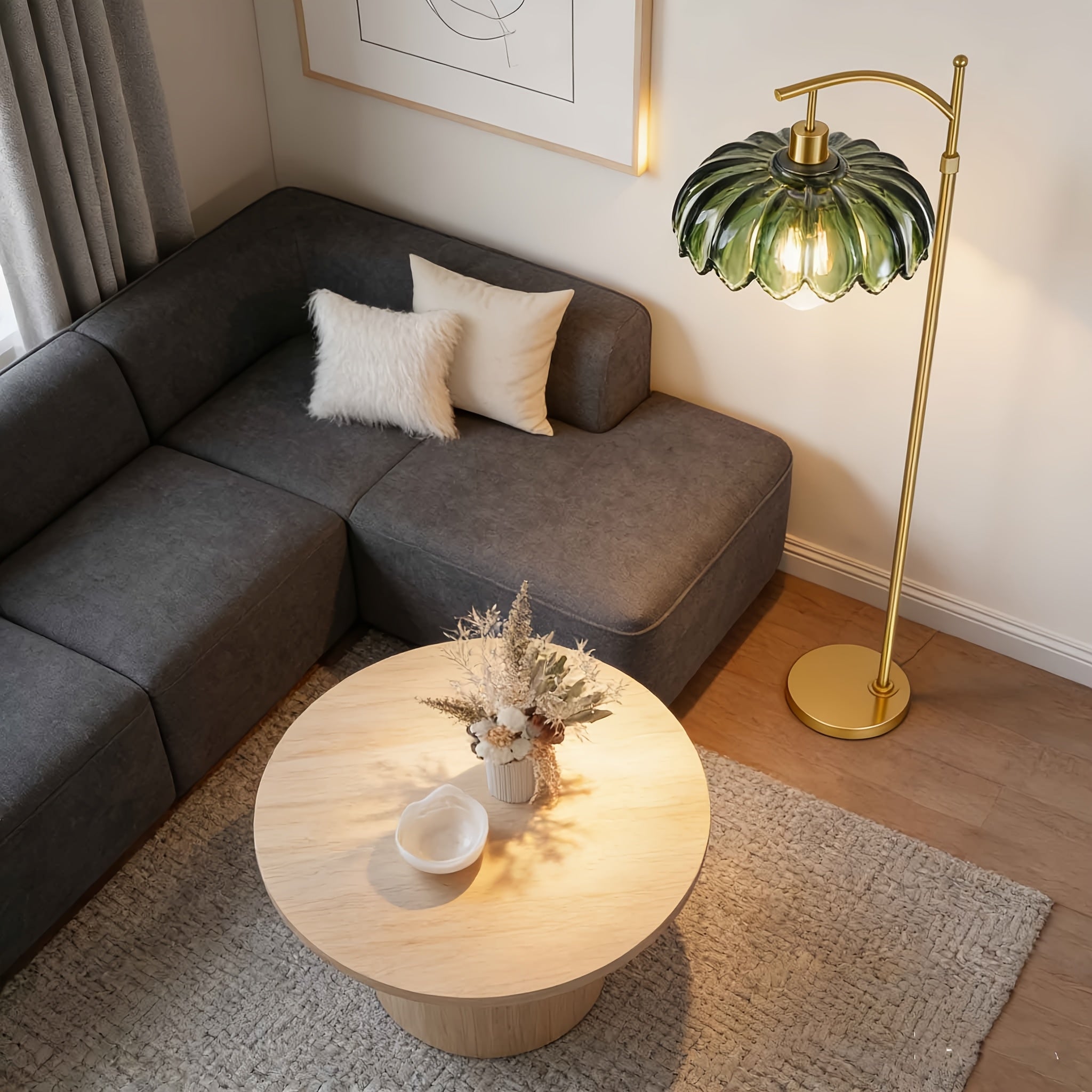 Flower Floor Lamp for Living Room, Bedroom, Golden Mid Century Modern Standing Lamp with Remote Dimmable, Boho Tall Lamp Vintage Retro Green Lamp, Flower Arc Floor Lamps, Without Bulb, for Bedrooms, Office, Christmas