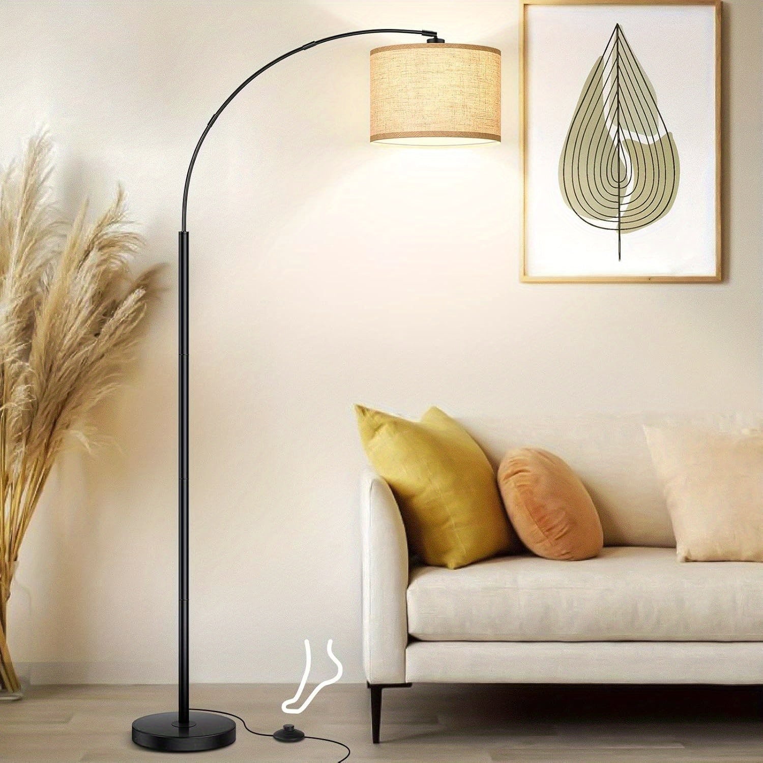 73in Modern Arc Floor Lamp - Tall Standing Light with Adjustable Drum Shade, Heavy-Duty Weighted Base, Elegant Black Metal Construction, E26 Socket (Bulb Not Included) - for Living Room, Bedroom, Home Office - Contemporary Floor Lighting Fixture