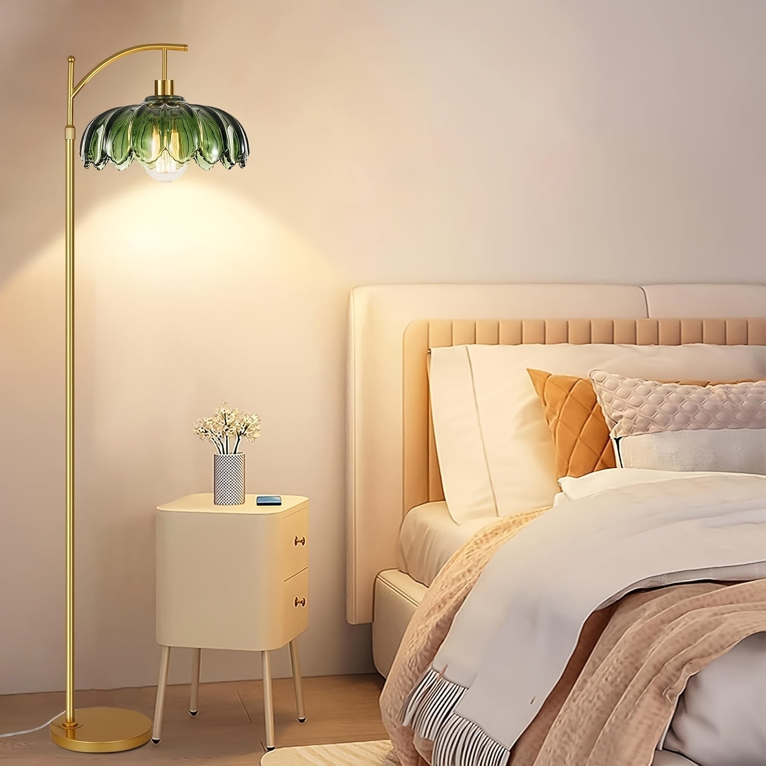 Flower Floor Lamp for Living Room, Bedroom, Golden Mid Century Modern Standing Lamp with Remote Dimmable, Boho Tall Lamp Vintage Retro Green Lamp, Flower Arc Floor Lamps, Without Bulb, for Bedrooms, Office, Christmas