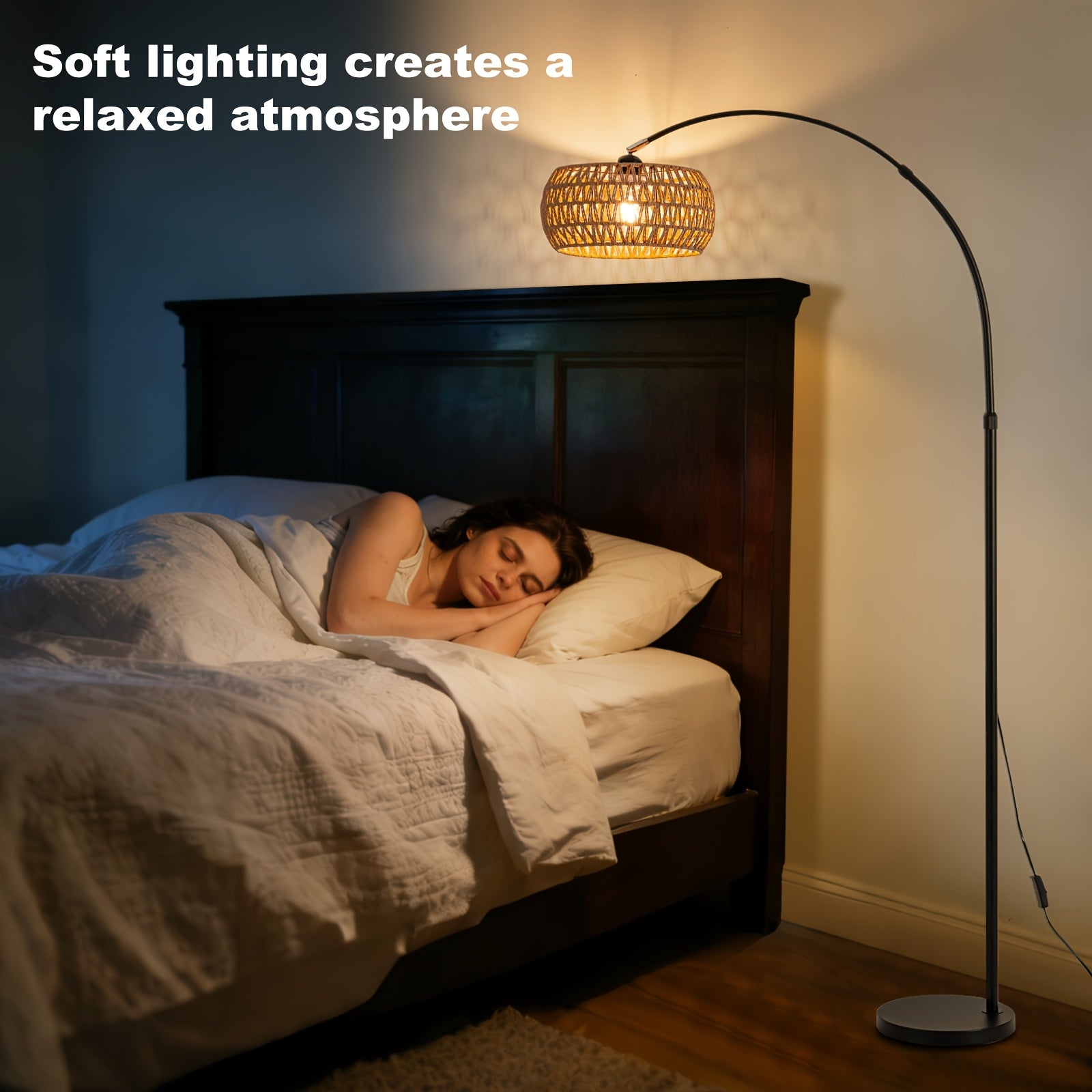 Modern Arc Rattan Shade Floor Lamp, E26 Base Rotatable Head Reading Floor Lamp, Height Adjustable Black Standing Floor Lamps, Button Switch Corner Floor Lamp For Bedrooms, Living Room, Office (Bulb Not Included)