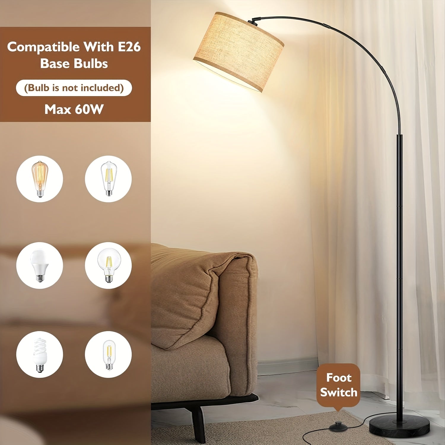 73in Modern Arc Floor Lamp - Tall Standing Light with Adjustable Drum Shade, Heavy-Duty Weighted Base, Elegant Black Metal Construction, E26 Socket (Bulb Not Included) - for Living Room, Bedroom, Home Office - Contemporary Floor Lighting Fixture