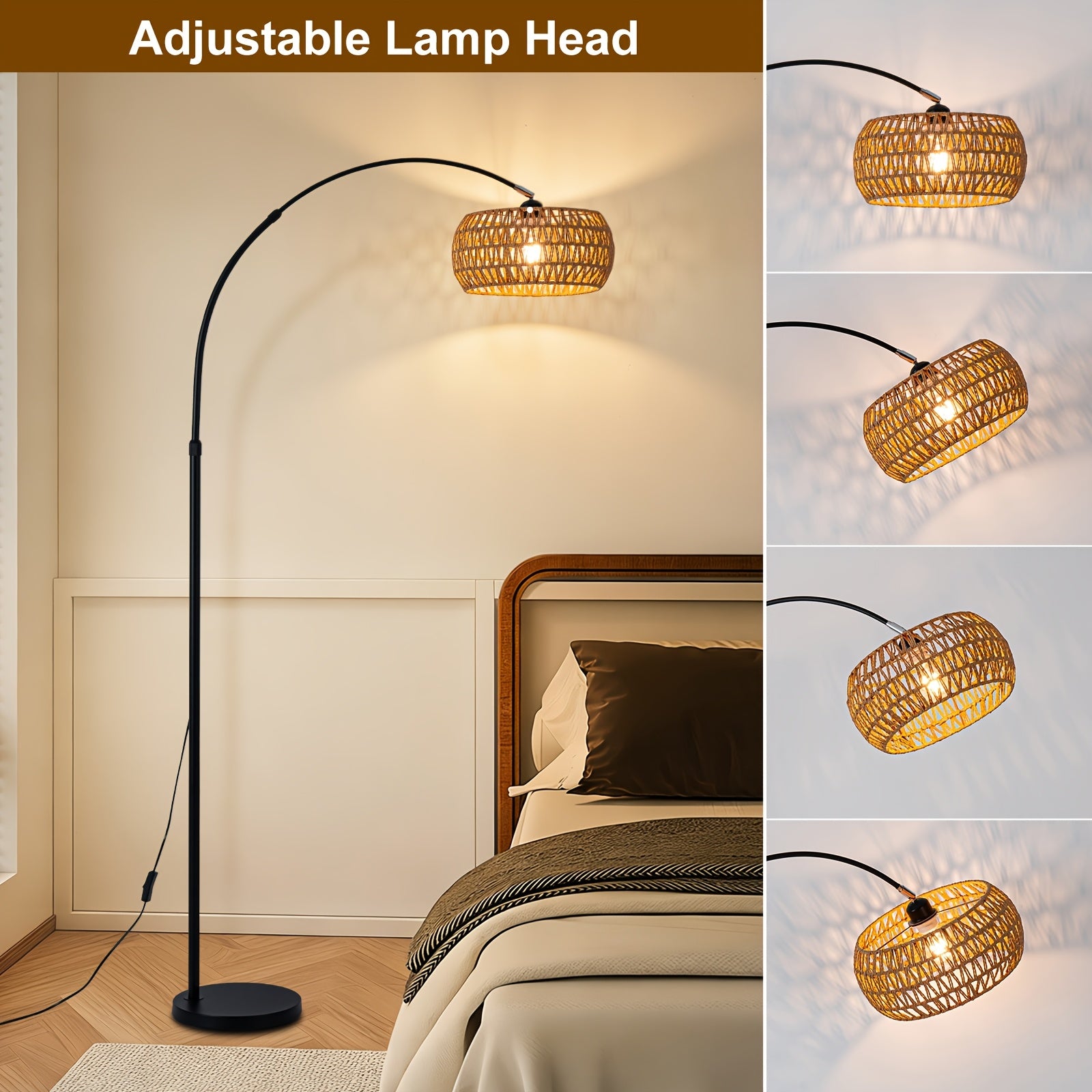 Modern Arc Rattan Shade Floor Lamp, E26 Base Rotatable Head Reading Floor Lamp, Height Adjustable Black Standing Floor Lamps, Button Switch Corner Floor Lamp For Bedrooms, Living Room, Office (Bulb Not Included)