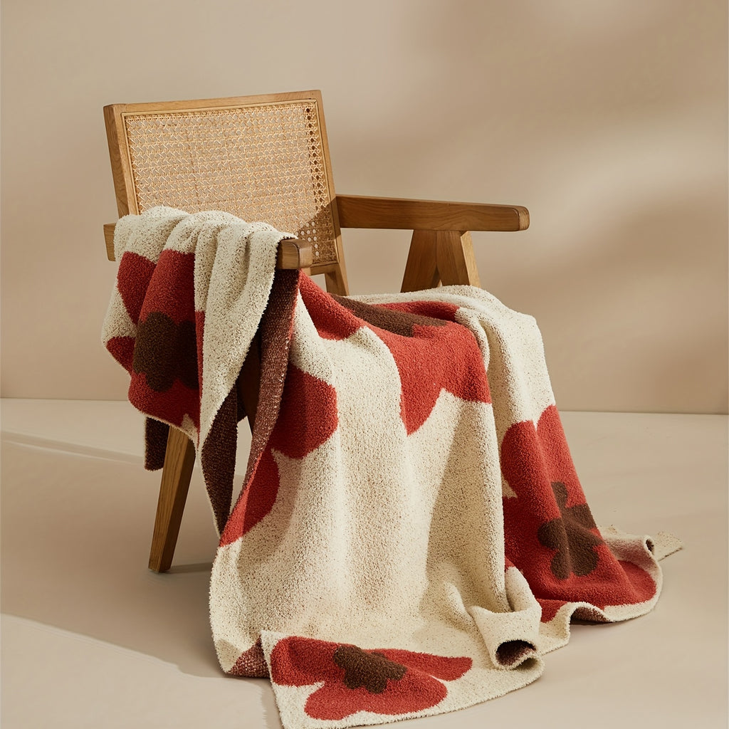 1pc Nordic Retro Beige & Brown Geometric Sunflower Flannel Blanket - All-Season Soft Lightweight Throw, White Bedspread, Sofa Cover, Bedspread & Air Conditioning Wrap, Machine Washable 280gsm Cozy Bedding Accent