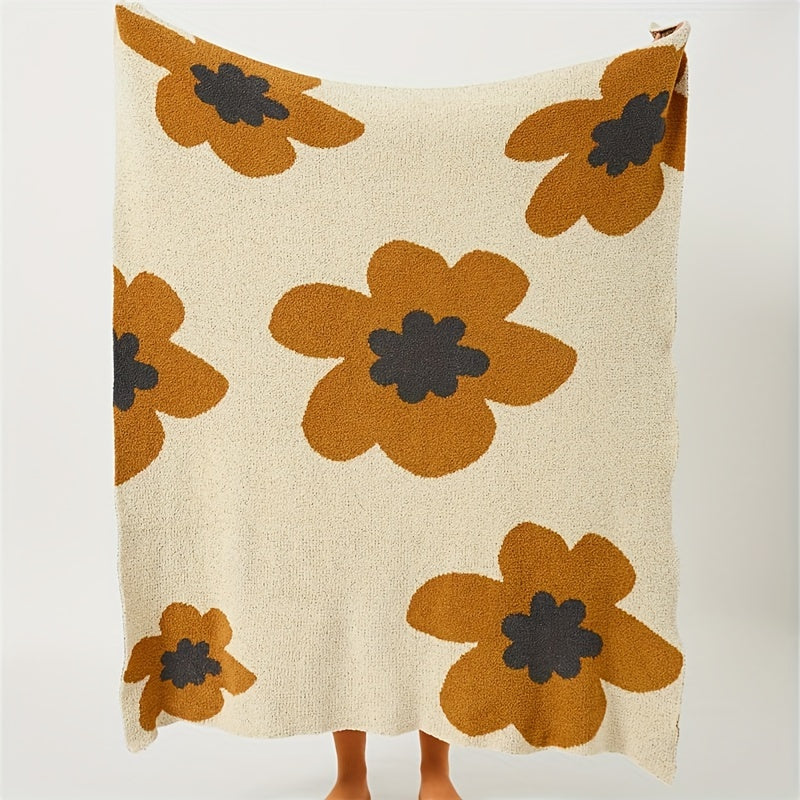 1pc Nordic Retro Beige & Brown Geometric Sunflower Flannel Blanket - All-Season Soft Lightweight Throw, White Bedspread, Sofa Cover, Bedspread & Air Conditioning Wrap, Machine Washable 280gsm Cozy Bedding Accent