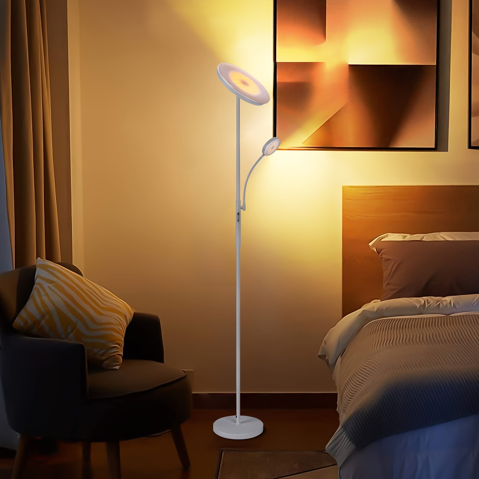 Modern 2-Ways LED Floor Lamp, 27W\u002F2300LM Main & 7W\u002F350LM Reading Light, 4 Color Temperatures, Touch & Remote Control Torchiere Lamp, Metal Base, Plastic Shade, with 110V US Plug, for Bedroom, Reading, Office