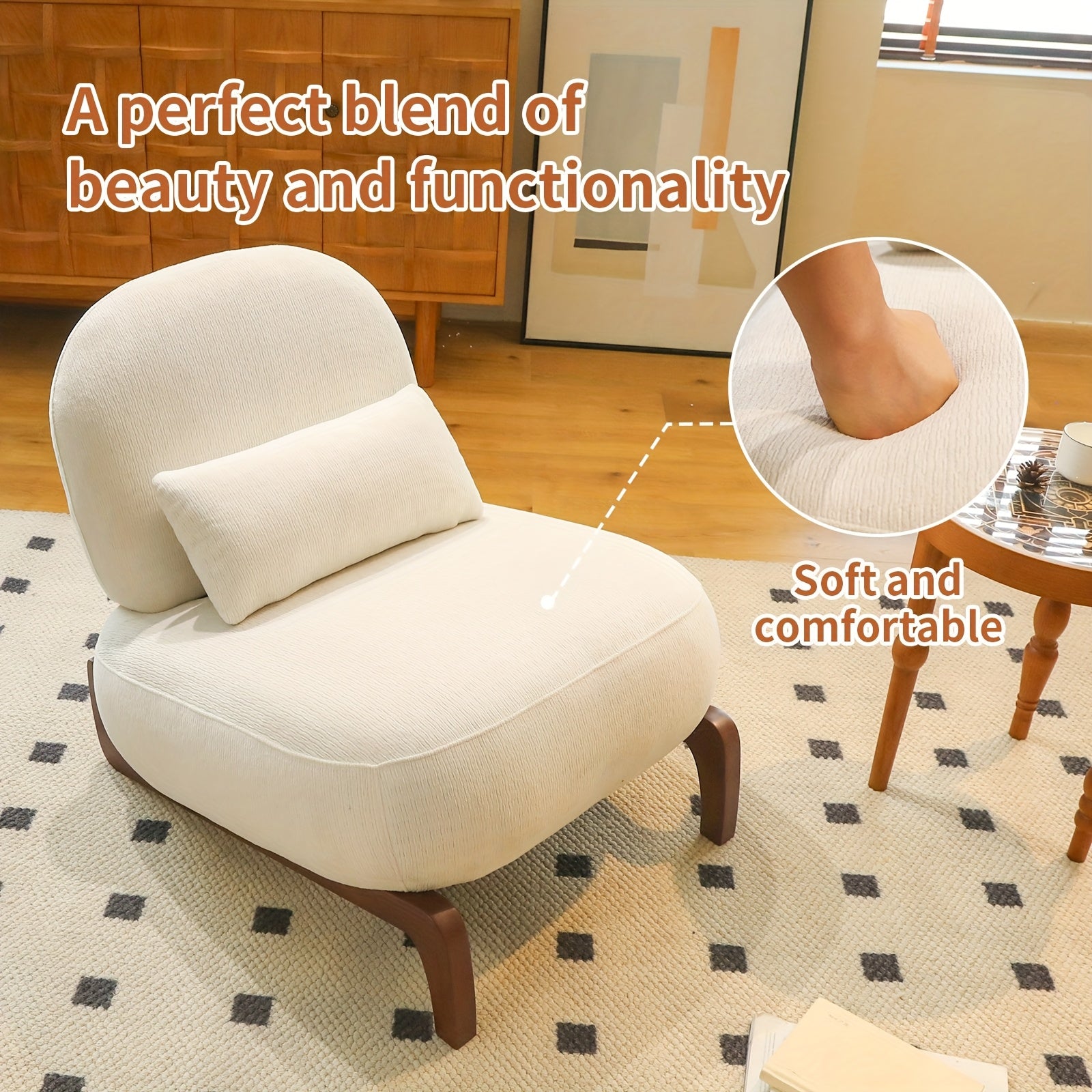 Modern Accent Chair with Solid Wood Legs & Velvet Upholstery - Armless Soft Cushion Suitable for Living Room, Bedroom, Balcony - Assembly -Friendly Chair with Frame, Suitable for Apartment, Waiting Room, Reading Nook