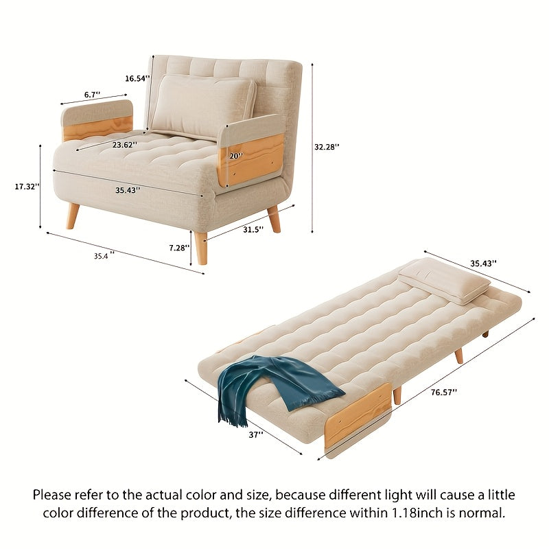 1 Modern And Linen Convertible Sofa Bed With 5 Adjustable Backs, Adjustable Height Pillows - Living Room Recliner, Single Or Double Use, Living Room Furniture Sofa | Neutral Home Decor | Wood Frame Sofa