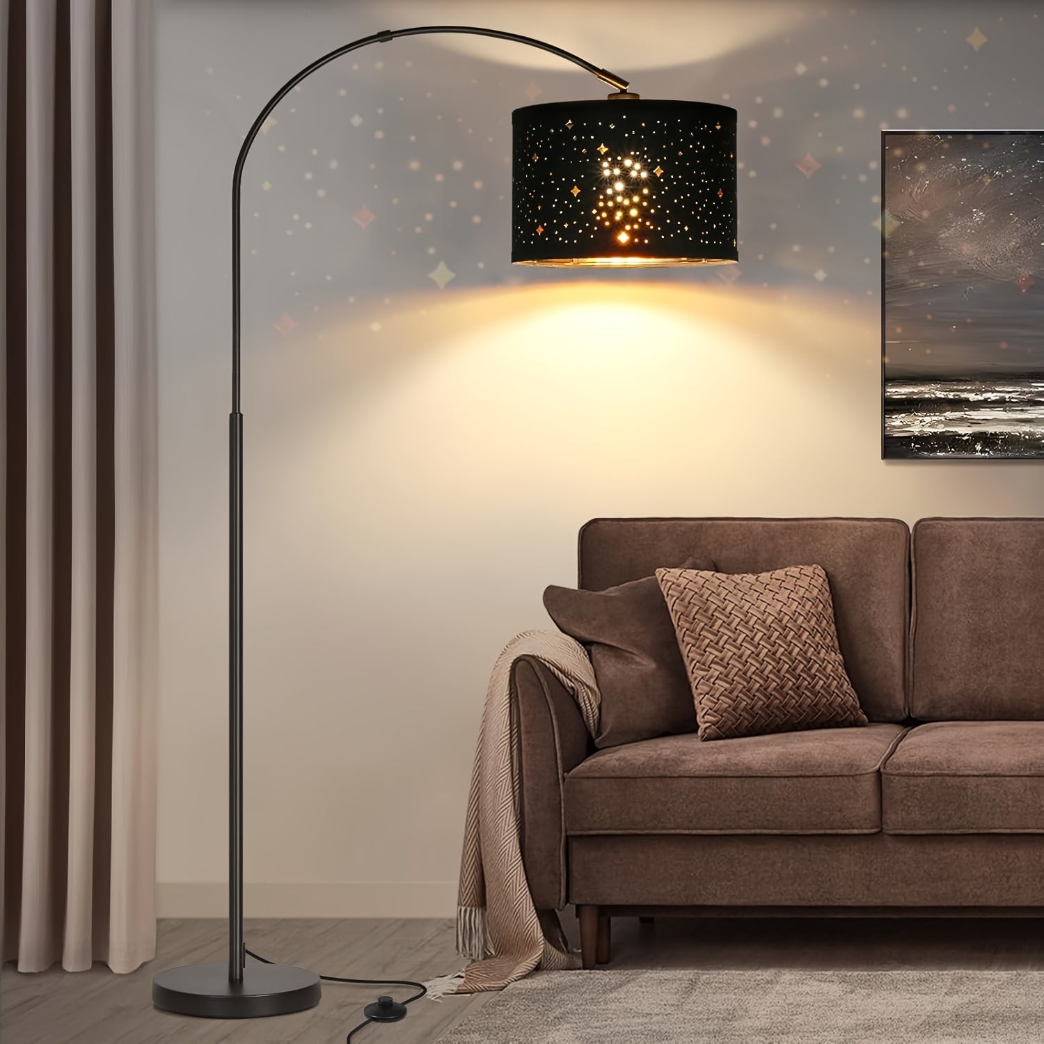 73in Modern Arc Floor Lamp - Tall Standing Light with Adjustable Drum Shade, Heavy-Duty Weighted Base, Elegant Black Metal Construction, E26 Socket (Bulb Not Included) - for Living Room, Bedroom, Home Office - Contemporary Floor Lighting Fixture