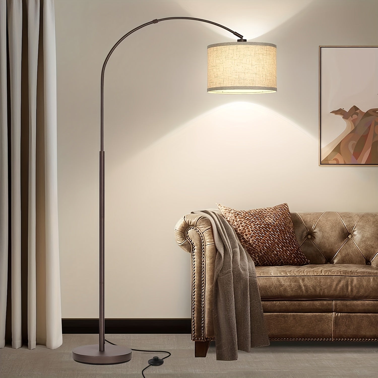73in Modern Arc Floor Lamp - Tall Standing Light with Adjustable Drum Shade, Heavy-Duty Weighted Base, Elegant Black Metal Construction, E26 Socket (Bulb Not Included) - for Living Room, Bedroom, Home Office - Contemporary Floor Lighting Fixture