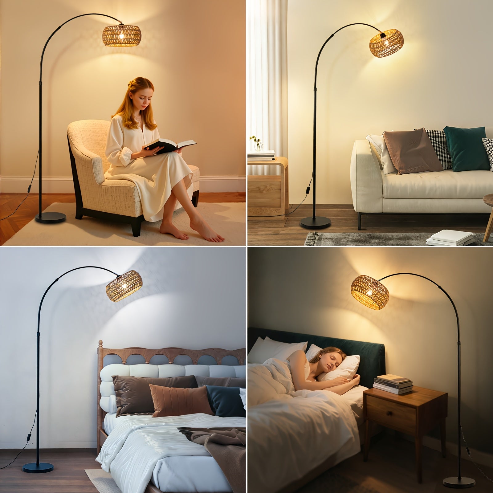 Modern Arc Rattan Shade Floor Lamp, E26 Base Rotatable Head Reading Floor Lamp, Height Adjustable Black Standing Floor Lamps, Button Switch Corner Floor Lamp For Bedrooms, Living Room, Office (Bulb Not Included)