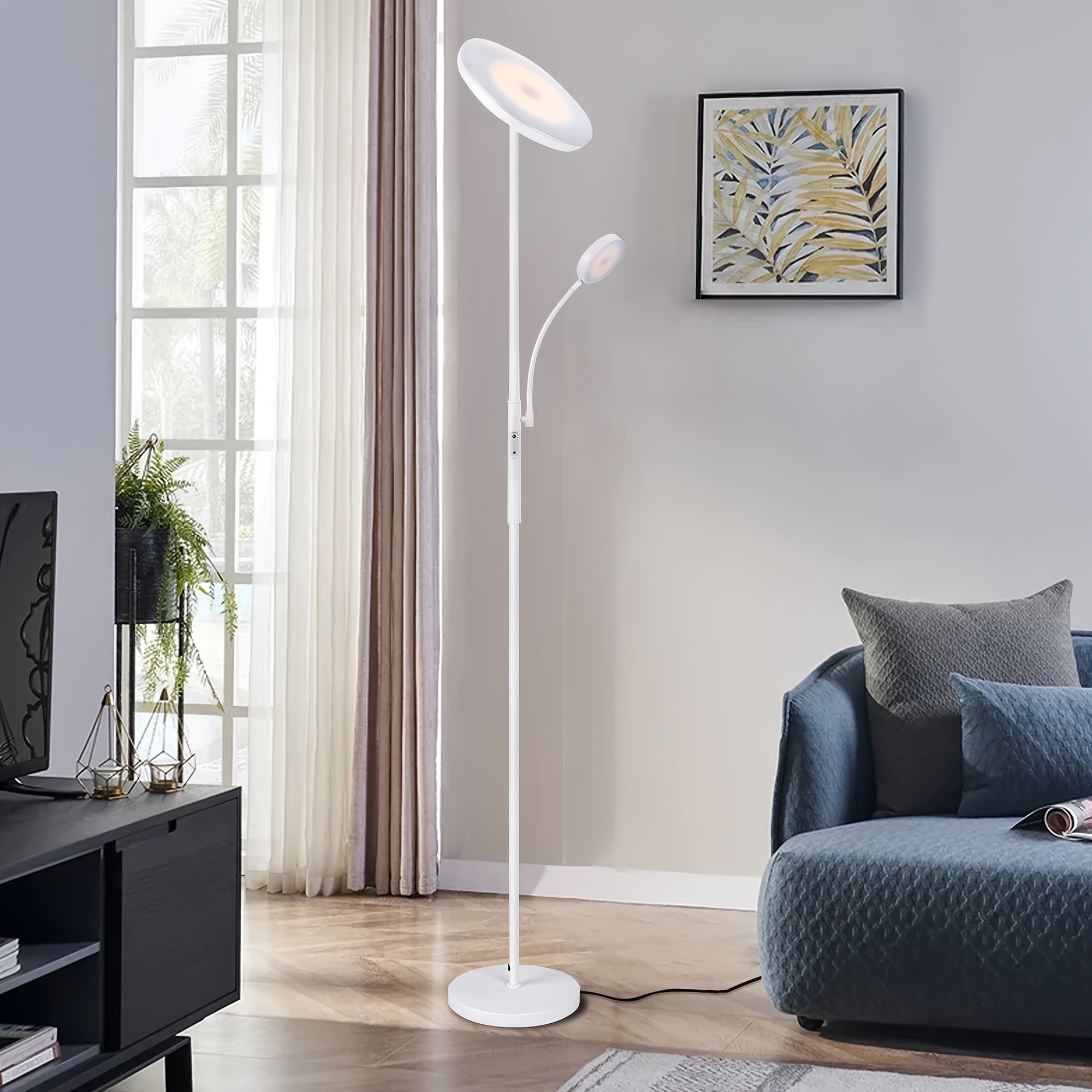 Modern 2-Ways LED Floor Lamp, 27W\u002F2300LM Main & 7W\u002F350LM Reading Light, 4 Color Temperatures, Touch & Remote Control Torchiere Lamp, Metal Base, Plastic Shade, with 110V US Plug, for Bedroom, Reading, Office