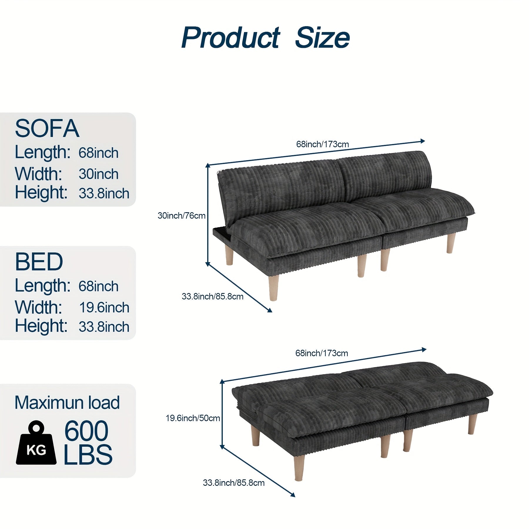 68 Inch Corduroy Futon Couch with Adjustable Backrest, Convertible Futon Sofa Bed