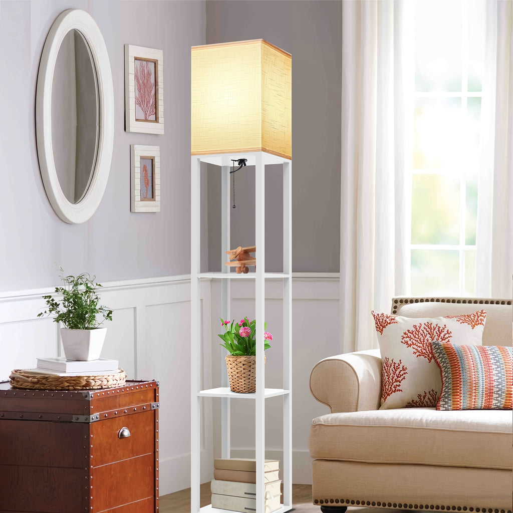 A Floor Lamp with a Stand, Featuring a Modern Design And a 9W LED Bulb, Is a Three-Tiered Storage Display Reading Light Suitable for Bedrooms, Living Rooms, And Narrow Bedside Corners.
