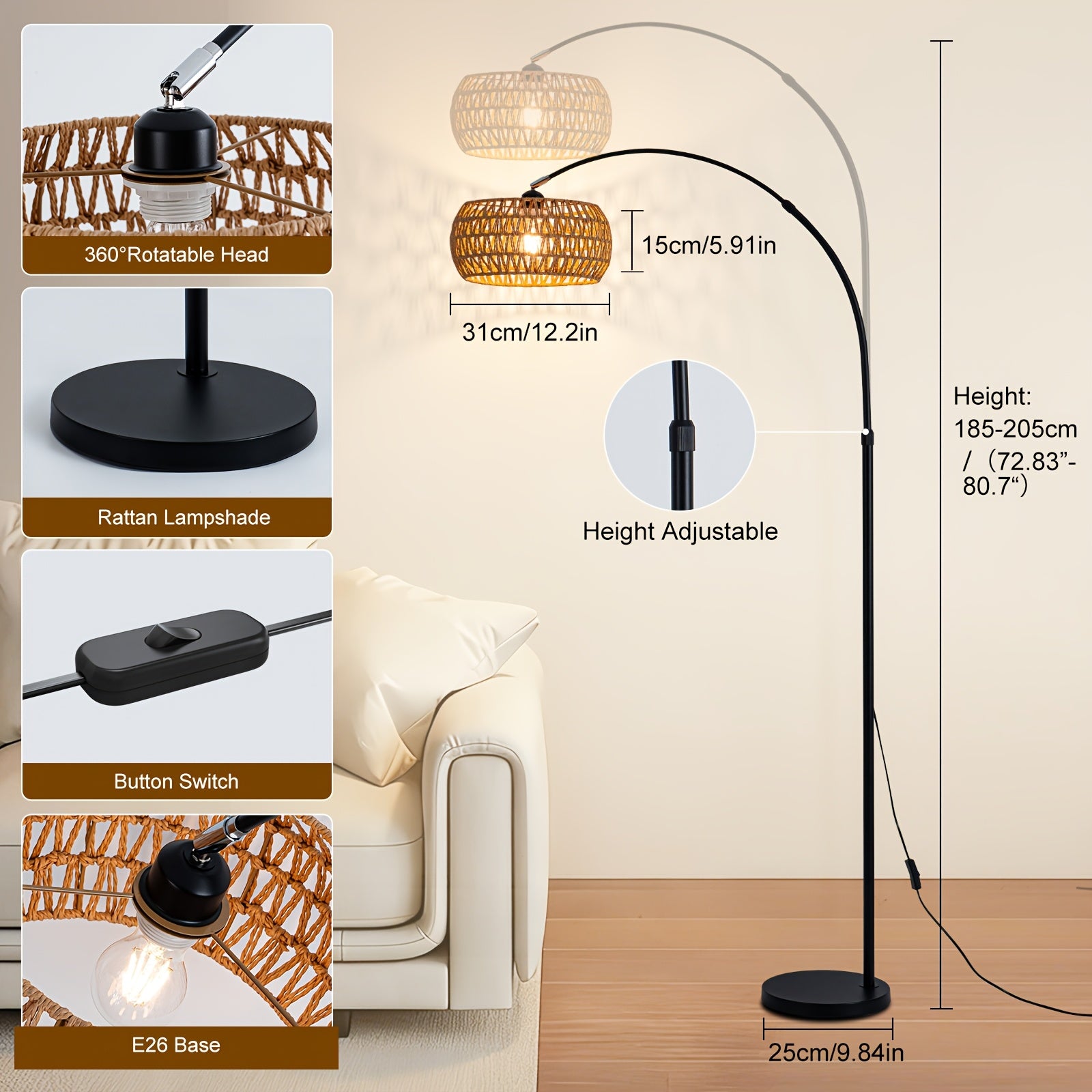Modern Arc Rattan Shade Floor Lamp, E26 Base Rotatable Head Reading Floor Lamp, Height Adjustable Black Standing Floor Lamps, Button Switch Corner Floor Lamp For Bedrooms, Living Room, Office (Bulb Not Included)