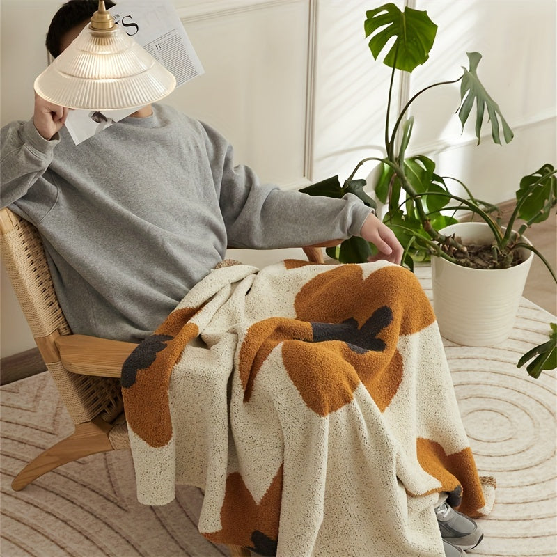 1pc Nordic Retro Beige & Brown Geometric Sunflower Flannel Blanket - All-Season Soft Lightweight Throw, White Bedspread, Sofa Cover, Bedspread & Air Conditioning Wrap, Machine Washable 280gsm Cozy Bedding Accent