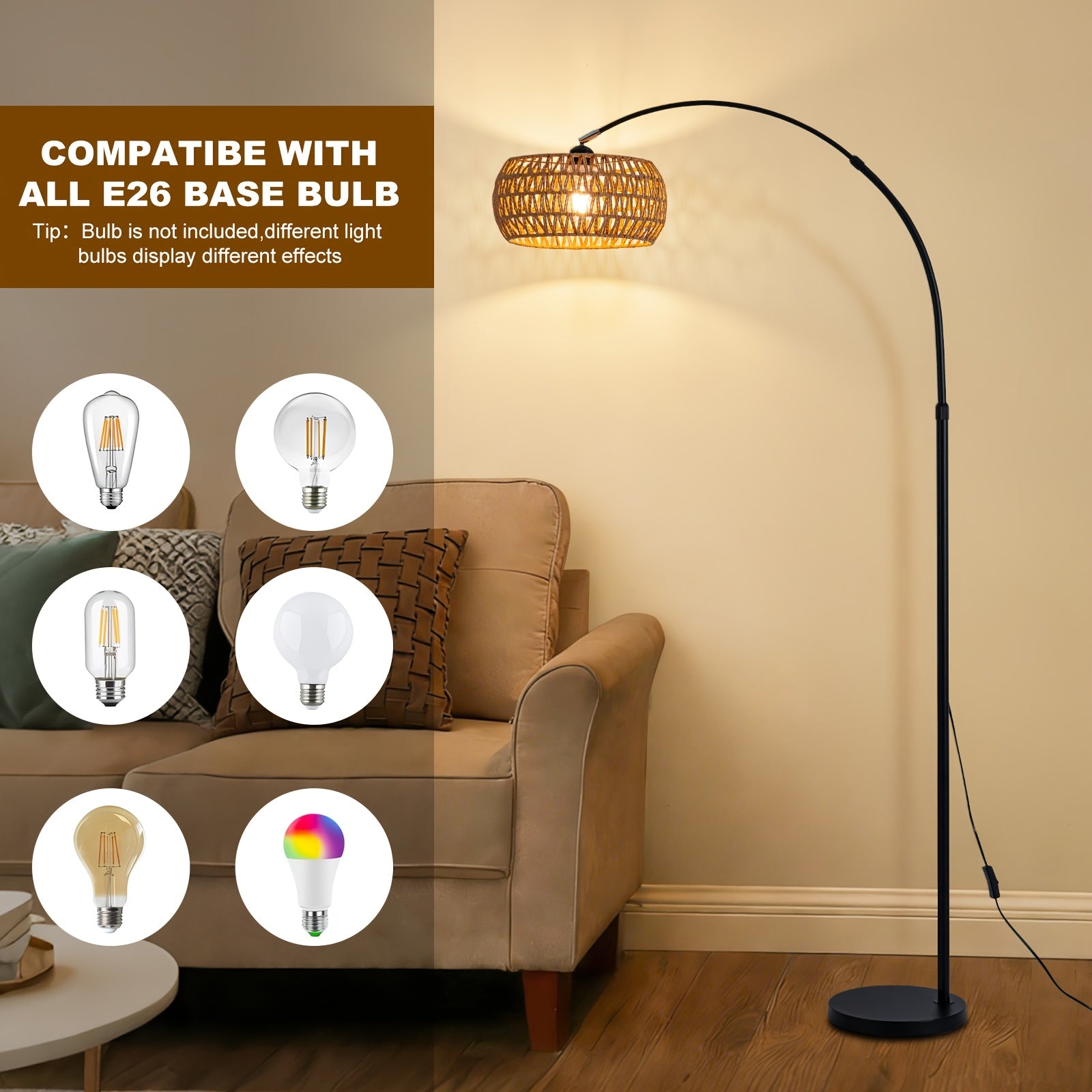 Modern Arc Rattan Shade Floor Lamp, E26 Base Rotatable Head Reading Floor Lamp, Height Adjustable Black Standing Floor Lamps, Button Switch Corner Floor Lamp For Bedrooms, Living Room, Office (Bulb Not Included)