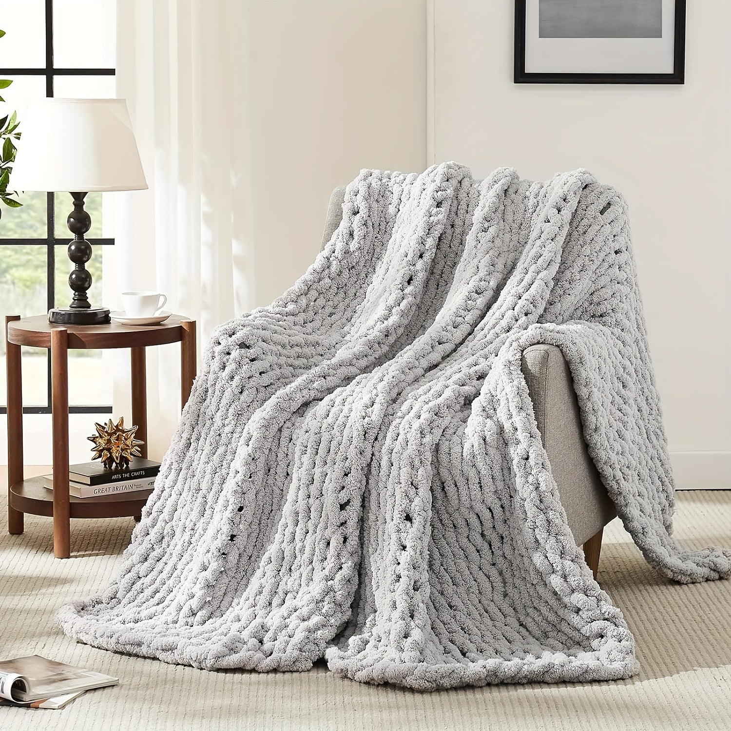 Thickly Throw Blanket, Entirely Hand-Crafted from Chenille, Perfect for Your Sofa And Home Decoration, Featuring a Handmade Cable Design