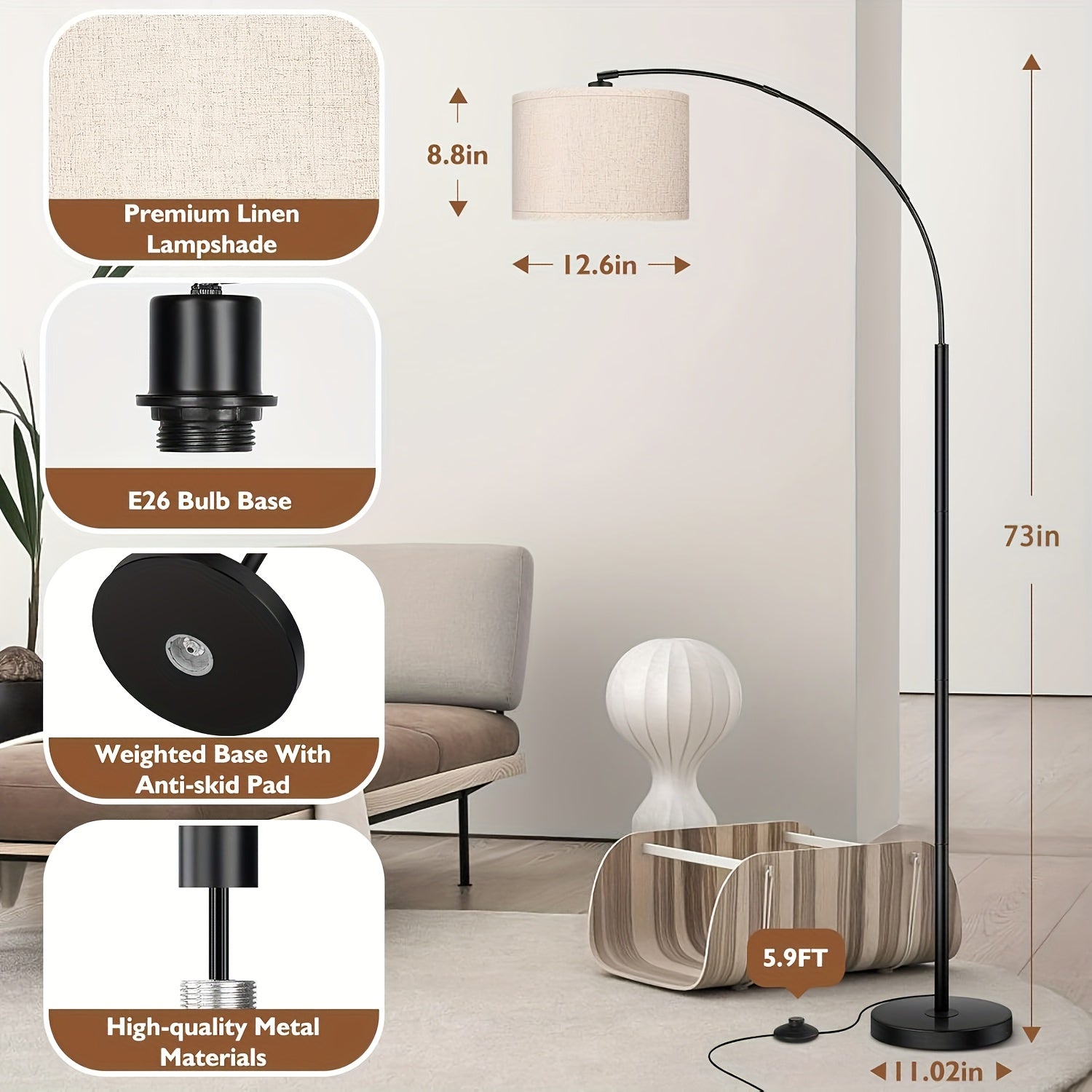 73in Modern Arc Floor Lamp - Tall Standing Light with Adjustable Drum Shade, Heavy-Duty Weighted Base, Elegant Black Metal Construction, E26 Socket (Bulb Not Included) - for Living Room, Bedroom, Home Office - Contemporary Floor Lighting Fixture